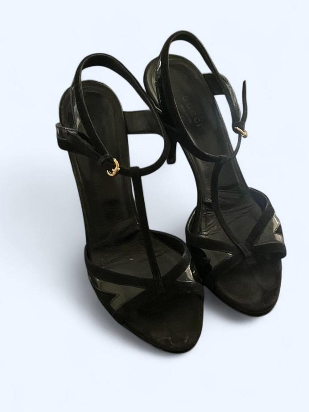 Gucci black suede patent leather strappy heels size 8B with box & dust bag !